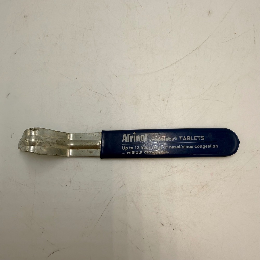 Vintage Afrinol Repetabs Pharmaceutical Drug Rep Promotional Metal Tool Blue